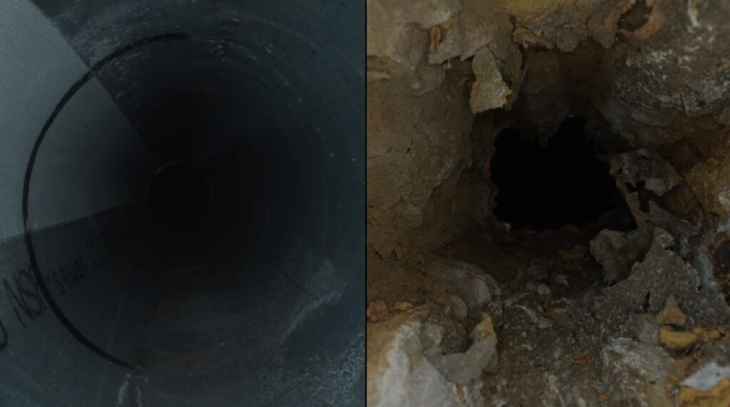 Photo shows the inside of a sewer pipe before and after pipelining.